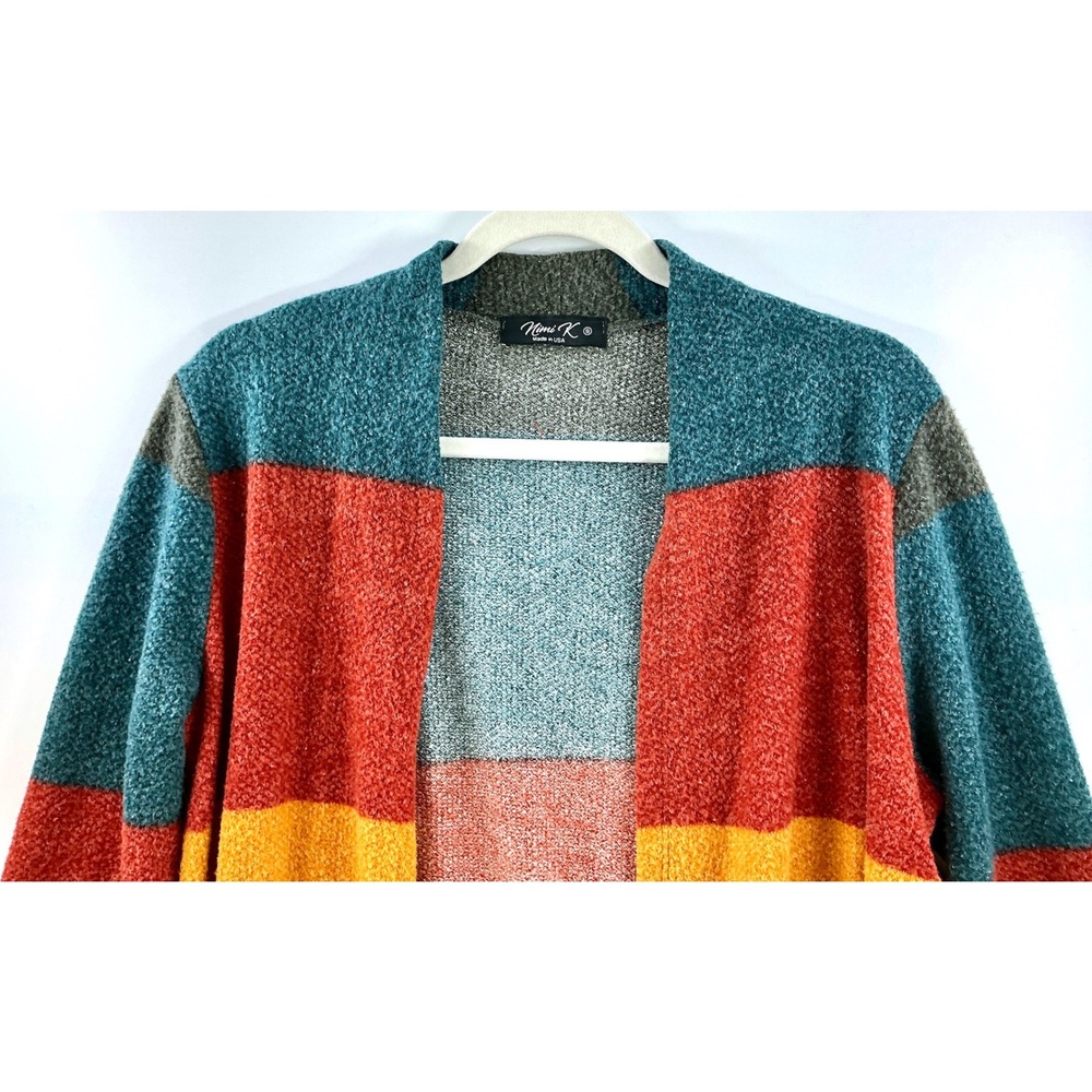 Open Front Colorblock Longline Duster Cardigan Sz S Boho Artsy Cozy Y2K - Picture 4 of 11